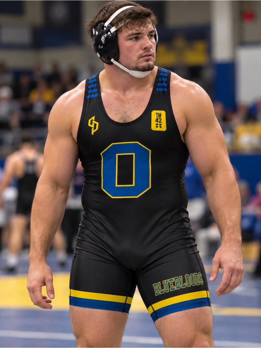 Black Mens Large Wrestling Singlet with Blue & Yellow Accents Oxford Bluebloods